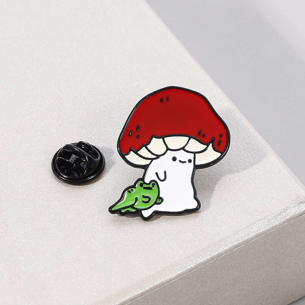 Cute kawaii pin with mushroom and frog as friends.